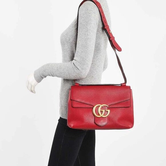Gucci Red Pebbled Leather Marmont Large Shoulder Bag - Picture 5 of 11